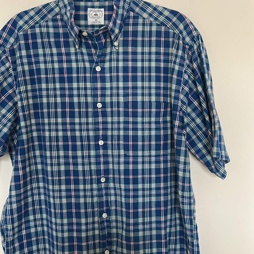 Brooks Brothers Sport Shirt Blue Medium‎ Short Sleeve Plaid Cotton Button Down - Picture 3 of 5